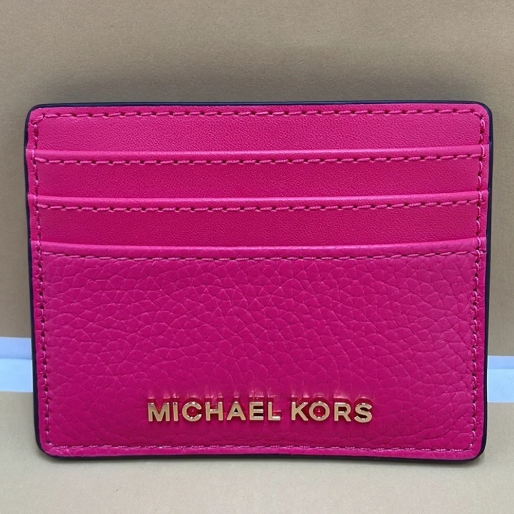 MICHAEL KORS Large Pebbled Leather Card Holder Case Electric Pink  NWT